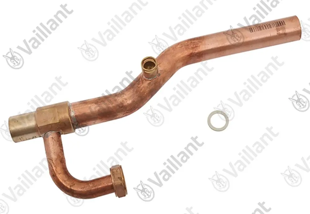 Vaillant Rohr aus Kupfer mit zwei gebogenen Enden und Gewindeanschluss, geeignet für Heizungsanwendungen. Ein O-Ring liegt daneben.